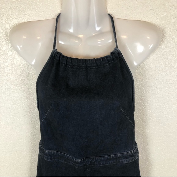 Free People Hearts on Fire Black Denim Open Back Halterall Jumpsuit size 2 - Picture 6 of 14